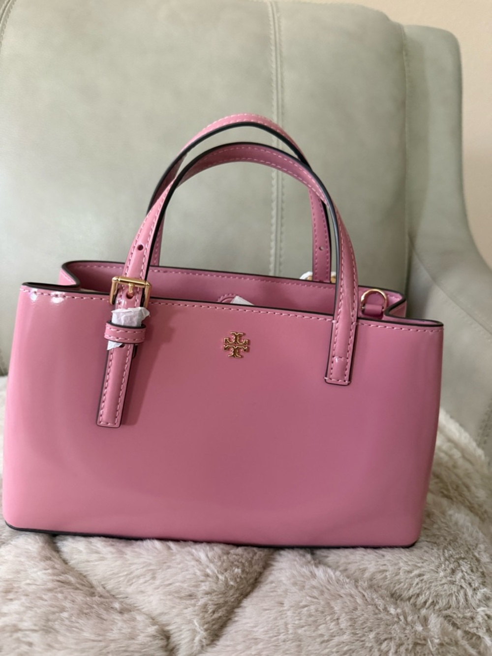 Tory Burch Glossy Pink Patent Mini Satchel with Gold Logo